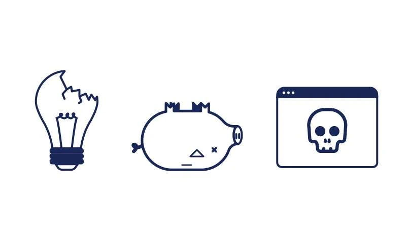 Three icons in a row on a white background: a broken light bulb, a dead piggy bank with a flat line for a mouth and crossed-out eyes, and a web browser window with a skull.
