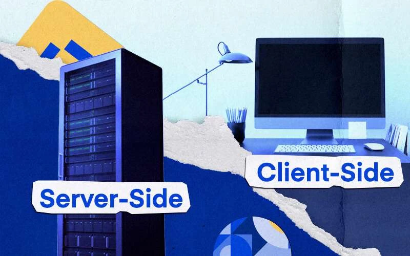 An illustration split into two parts labeled "Server-Side" and "Client-Side," with relevant icons such as a server rack and a desktop computer setup, indicating the distinction between server-side and client-side in web development or computing.