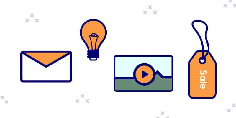 A set of flat design icons representing email, an idea or light bulb, video content, and a sales tag, typically used to depict digital marketing elements.