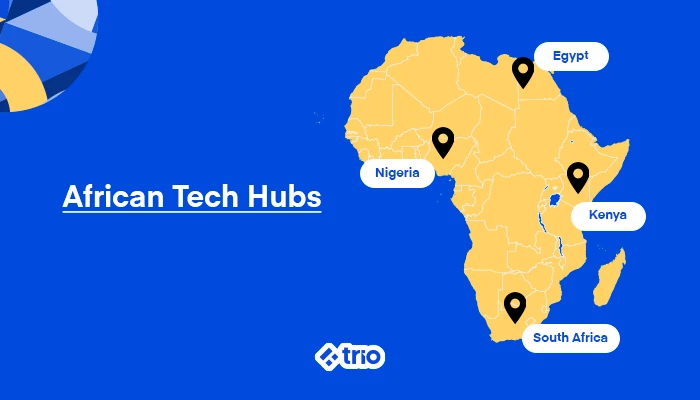 Map of Africa highlighting tech hubs in Egypt, Nigeria, Kenya, and South Africa
