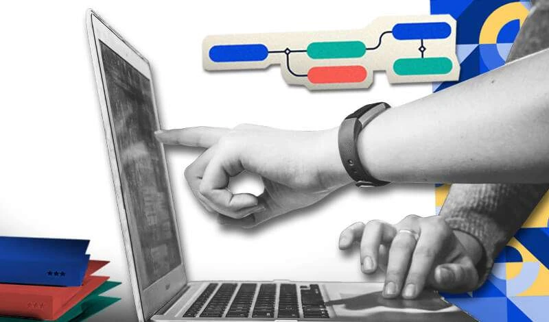 Composite image showing a person pointing at a laptop screen with visual programming elements in a collage style, representing project planning or software development.