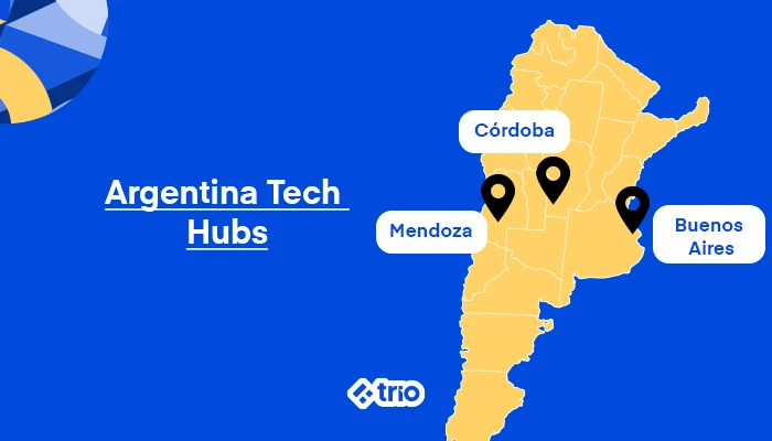 Map of Argentina highlighting tech hubs in Córdoba, Buenos Aires, and Mendoza