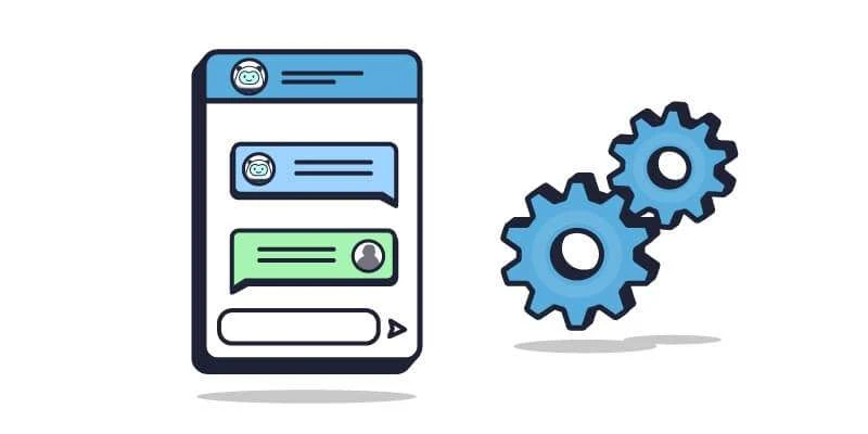 Graphic of a smartphone interface with chat bubbles and cogwheels, representing a messaging app or chatbot technology.