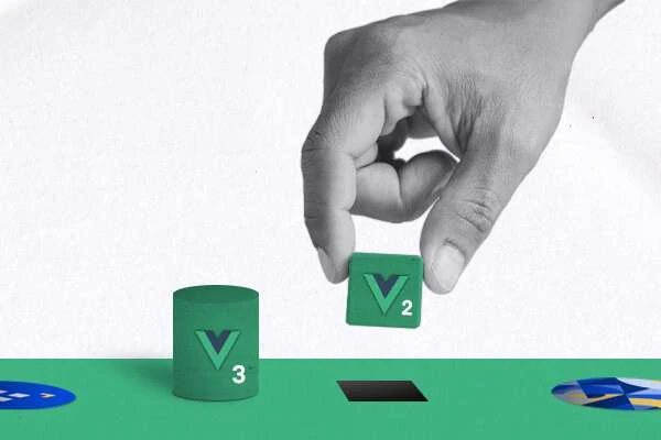 A conceptual image of a hand placing a "V2" block next to a "V3" cylinder, possibly representing an upgrade or transition from Vue.js version 2 to version 3 in software development.