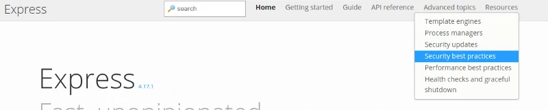 Screenshot of express security best practices drop down.