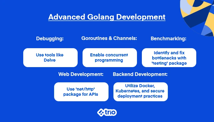 Advanced Golang development topics including debugging with Delve, concurrent programming with goroutines and channels, benchmarking with 'testing' package, web development with 'net/http' package, and backend development using Docker, Kubernetes, and secure deployment practices