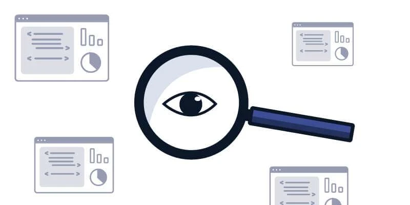 A magnifying glass focusing on web interface elements, symbolizing analysis or scrutiny in web development or design.