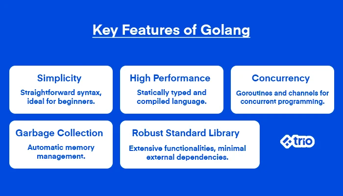 Key features of Golang including simplicity, high performance, concurrency, garbage collection, and robust standard library.