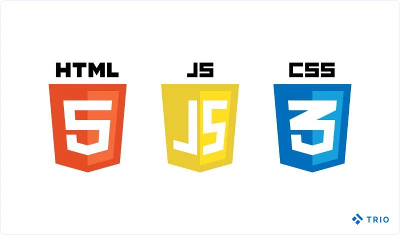 Logos of HTML5 in red, JavaScript (JS) in yellow, and CSS3 in blue, with the text 'TRIO' below them.