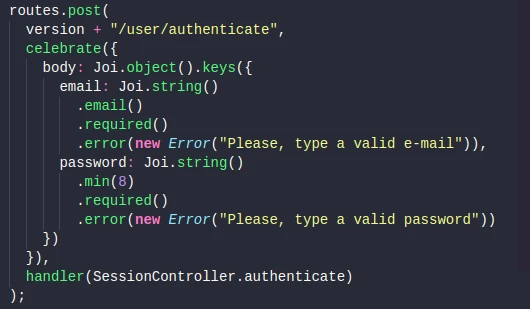 Screenshot of javascript back-end code.