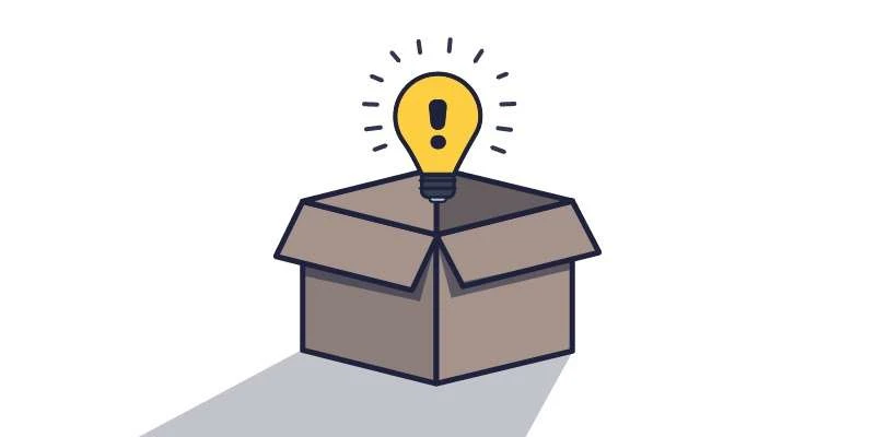 A cardboard box with an exclamation mark inside a light bulb above it, representing a bright idea, on a white background with a grey shadow under the box.