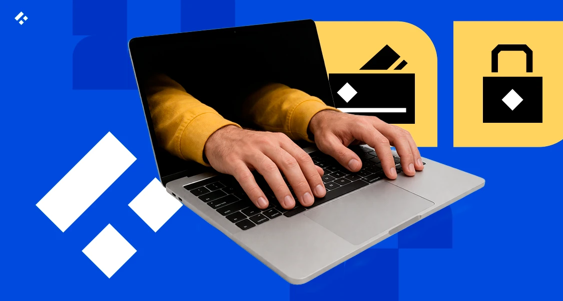Developer typing on a laptop on a Trio branded blue and yellow background with security and Trio icons, representing a comparison of Trio versus big consulting firms on speed, cost, and security
