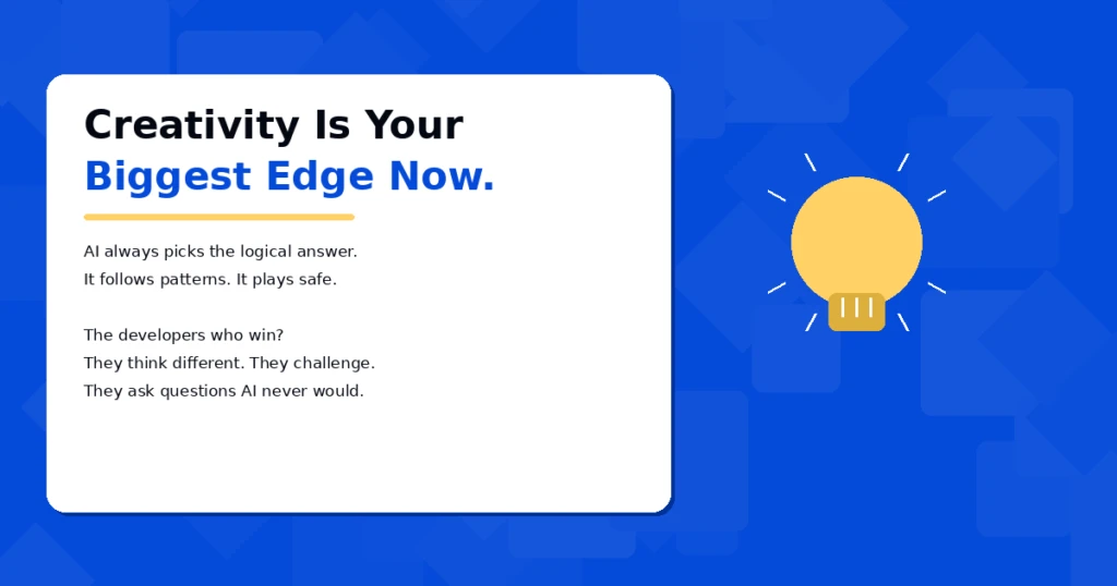 Lightbulb graphic illustrating that creativity is a developer's biggest edge over AI