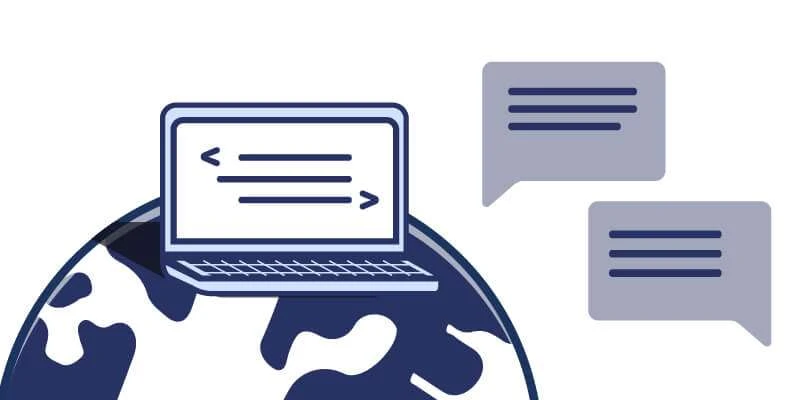 A digital graphic showing a laptop with code on the screen positioned on a globe with two chat bubbles, representing global communication or remote work in technology.