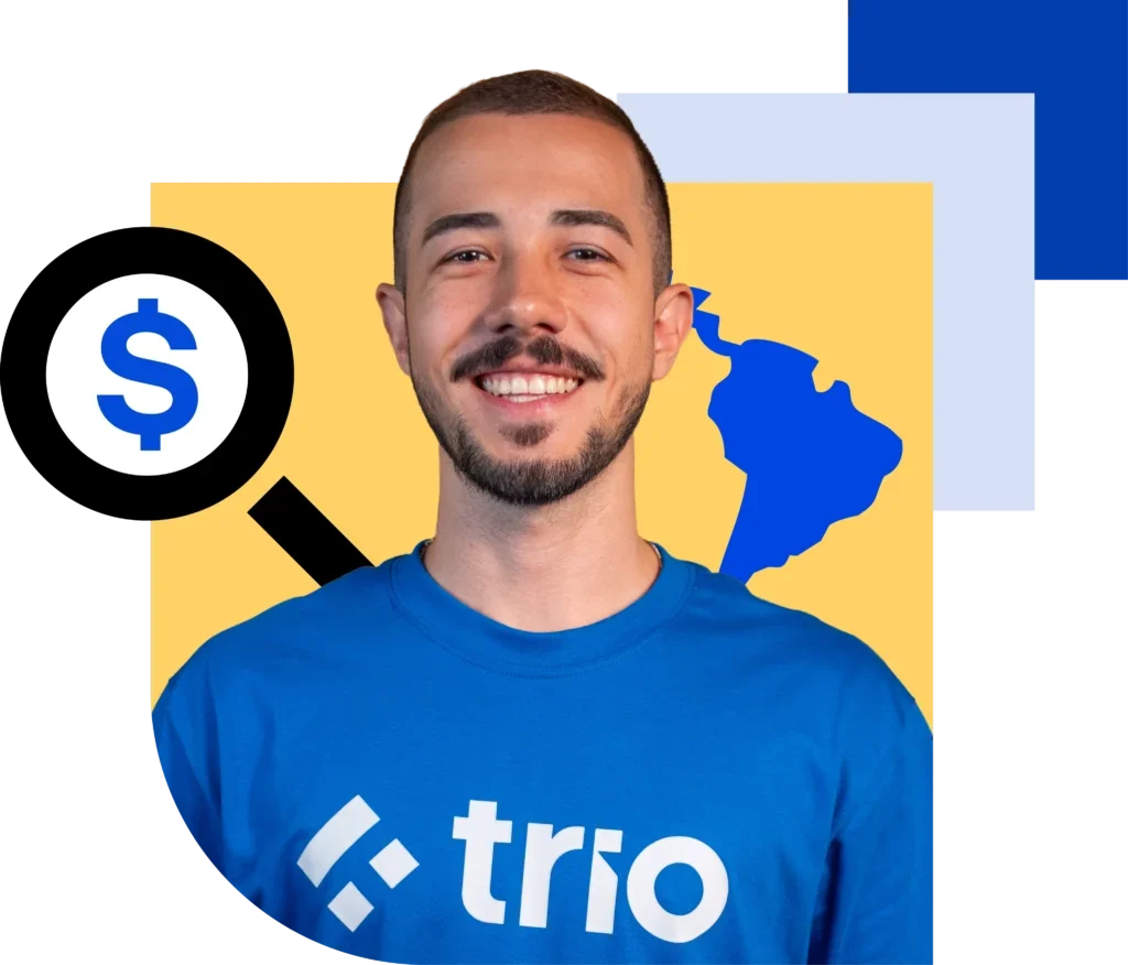 Smiling fintech developer with magnifying glass dollar icon and Latin America map graphic