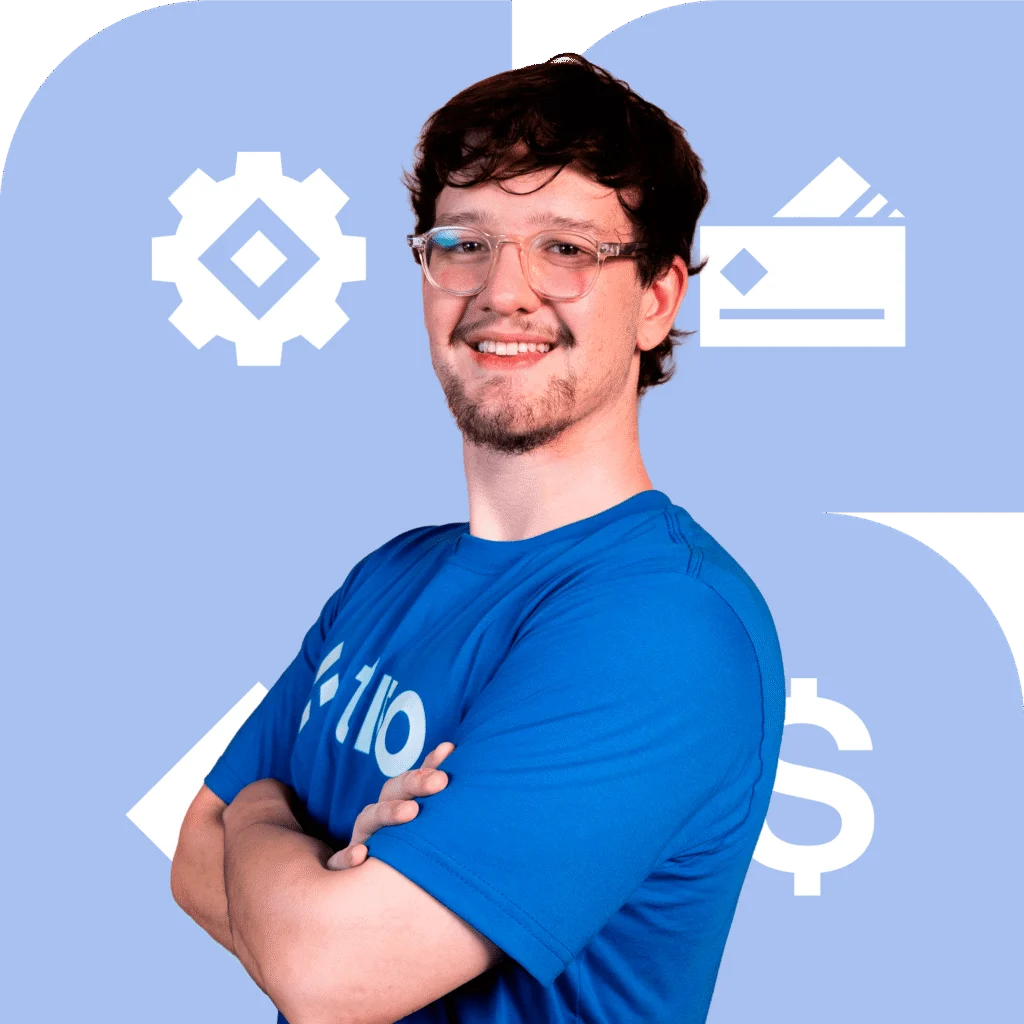 Confident engineer in a Trio t-shirt with arms crossed, flanked by gear and billing icons — enterprise software development company services