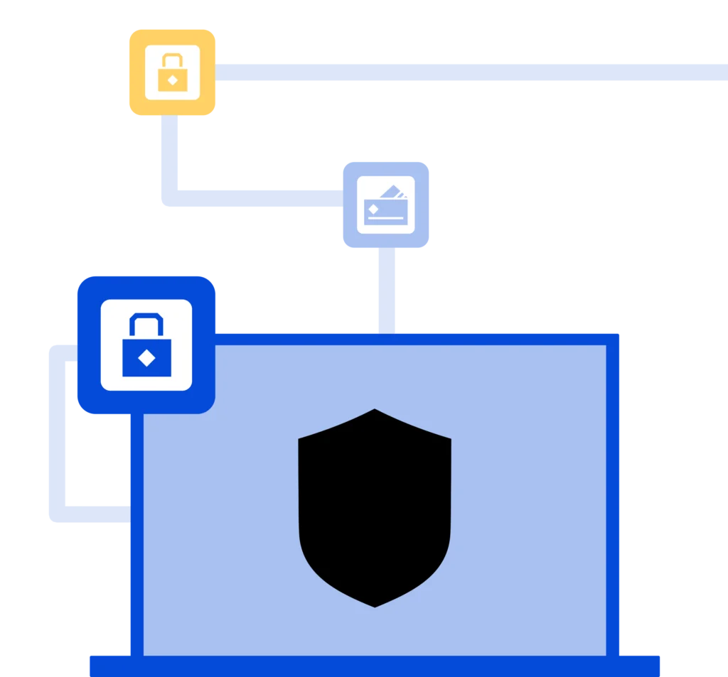 Icon stack representing risk, fraud prevention, and compliance with lock and shield graphics