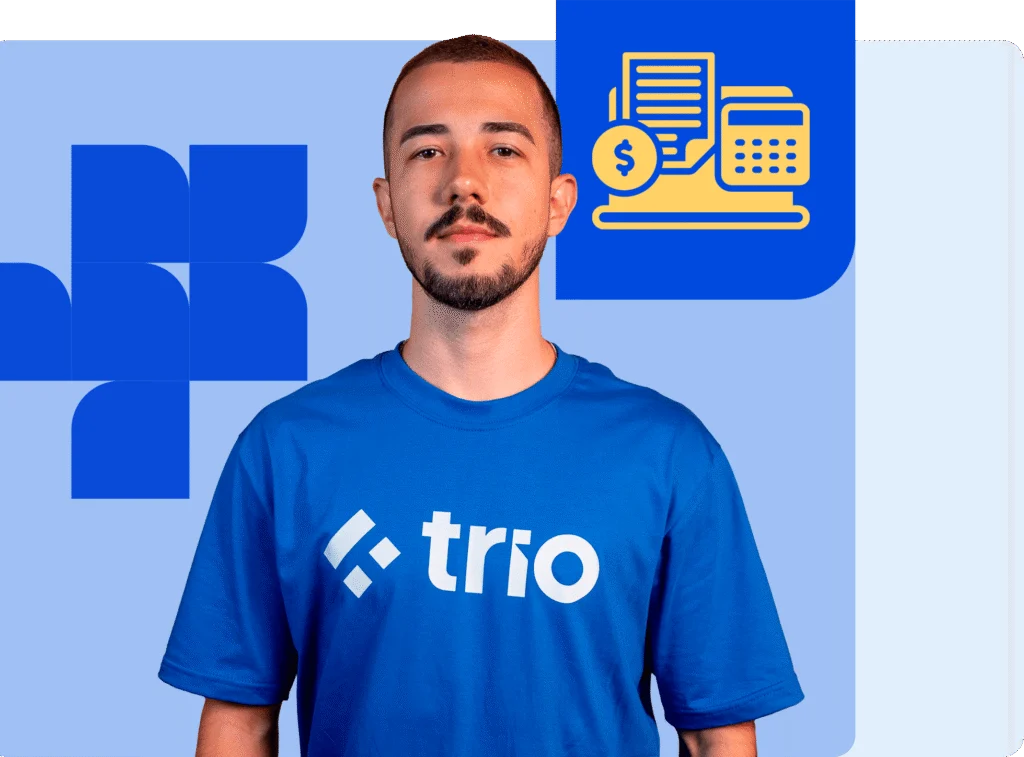 Smiling engineer in a Trio t-shirt beside a payroll invoice icon — Employer of Record services