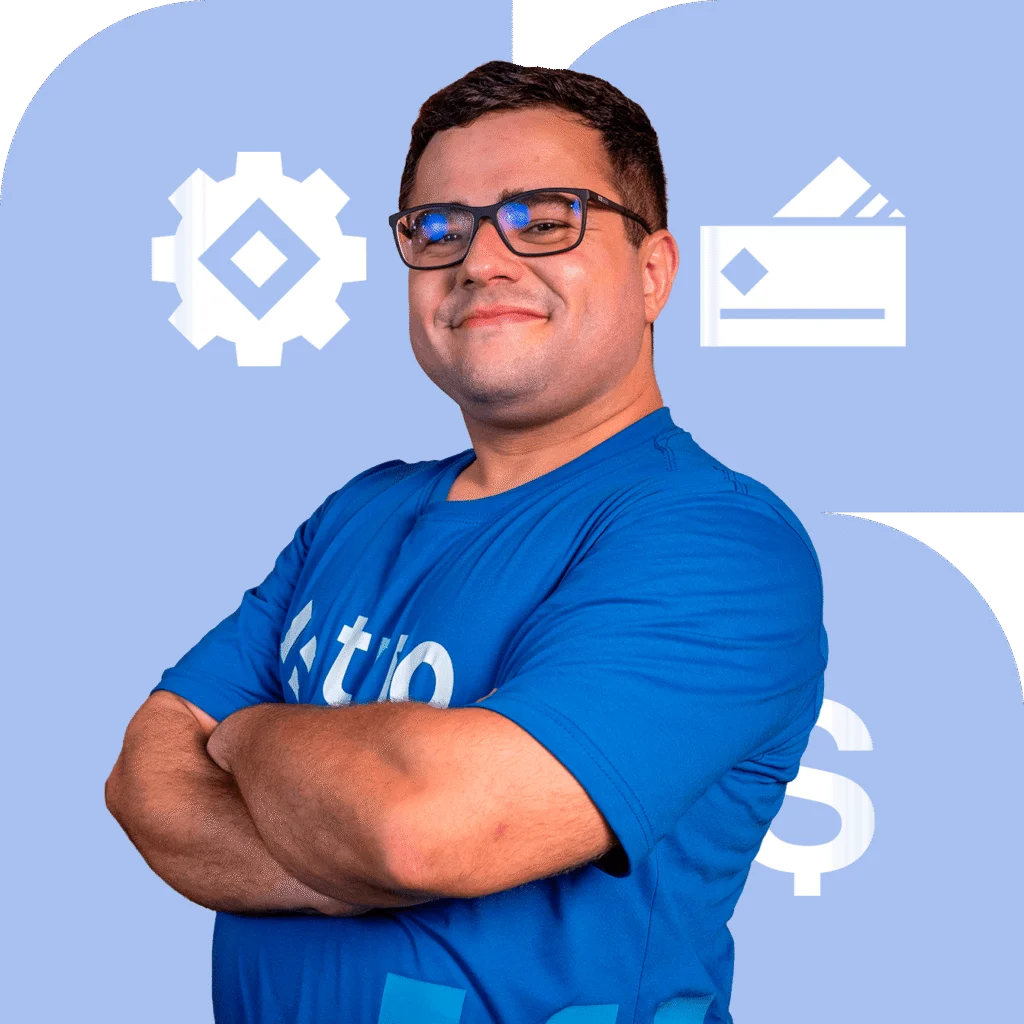 Confident engineer in a Trio t-shirt with arms crossed, flanked by gear and billing icons — SaaS development company services