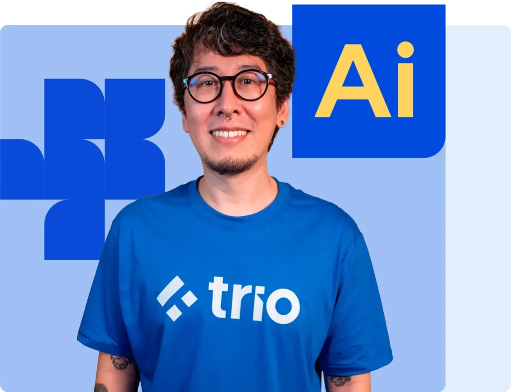 Smiling AI engineer in Trio blue t-shirt with Adobe Illustrator "Ai" icon representing AI engineering talent