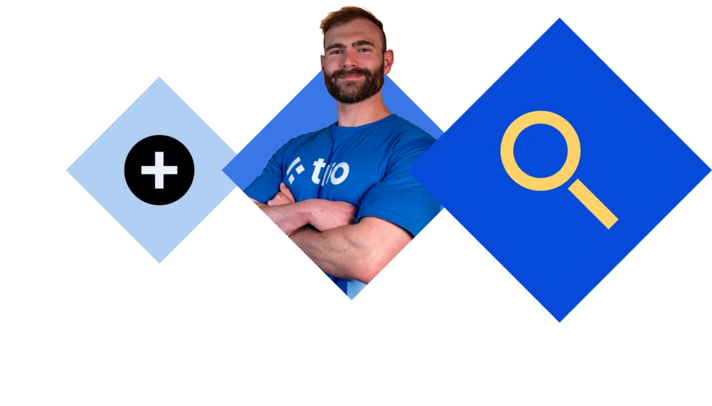 Trio engineer in branded t-shirt with hiring and search icons