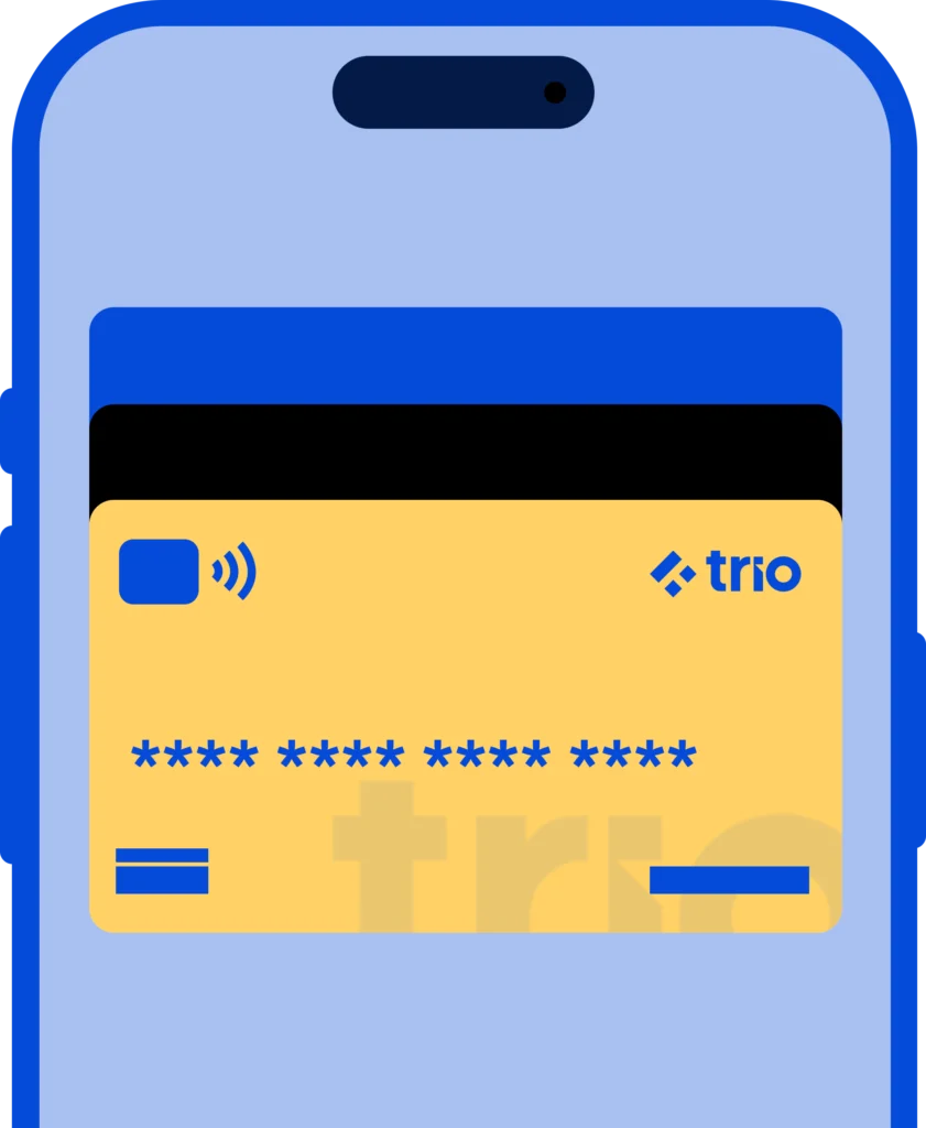 Mobile phone displaying a Trio-branded payment card representing payments and financial infrastructure