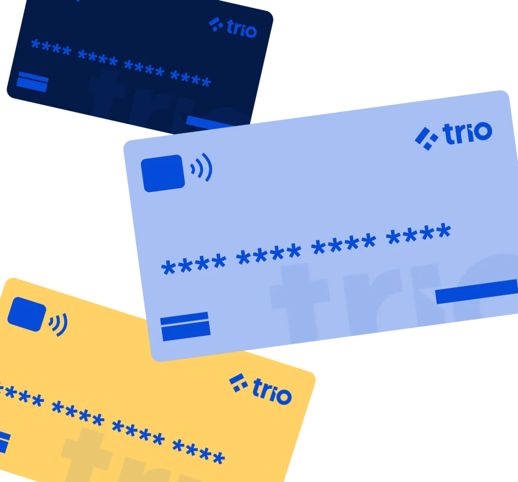 Three stacked credit cards with Trio branding representing customer-facing fintech products