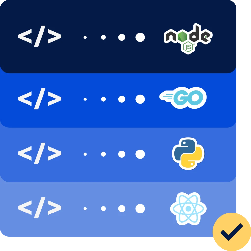 Core technical stack icons for Node.js, Go, Python, and React development