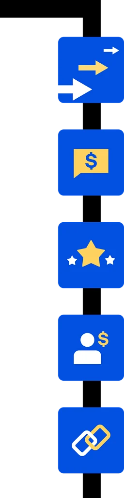 Icon stack representing staff augmentation for fintech teams with arrows, dollar chat, star, and link icons