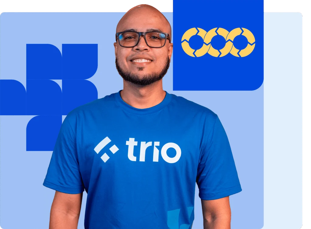 Smiling engineer in a Trio t-shirt beside an interlocking CI/CD loop icon — hire an MLOps engineer
