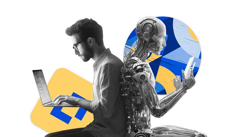 A human and an android sitting back-to-back with a shared backdrop featuring a geometric design. The human is focused on a laptop, while the android is holding a tablet