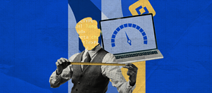 10 Software Development KPIs for Fintech Engineering Teams 6 A man holding a measuring tape across a laptop screen with performance metrics, suggesting the measurement of web performance or speed optimization.