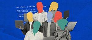 Collage of silhouettes with colored heads against React code, symbolizing a team of developers working on a React project.