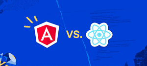 A split graphic with a jagged line in the center; on the left is the red and white Angular logo with yellow exclamation marks above it, and on the right, the white React logo over a snippet of code, with the text "VS." in large gold letters between them. This is presented against a blue background with a splattered paint texture on the edges.