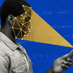 A composite image with a silhouetted person holding a phone, a geometric facial recognition pattern overlaying their face, and code snippets related to React programming language in the background, suggesting technology and development themes.