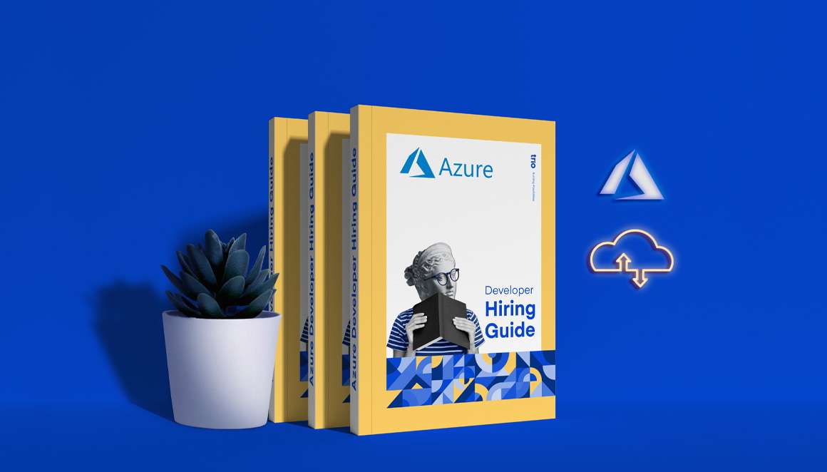 This image features three books with yellow spines and "Azure Developer Hiring Guide" on the cover, displayed upright against a blue background with a small potted succulent to the left and Azure cloud symbol to the right.