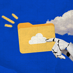 Cloud Software Development: What It Is and How It Works 2 Stylized robotic arm holding a cloud icon folder with a code snippet symbol, set against a textured blue background with a cloud and code symbol.