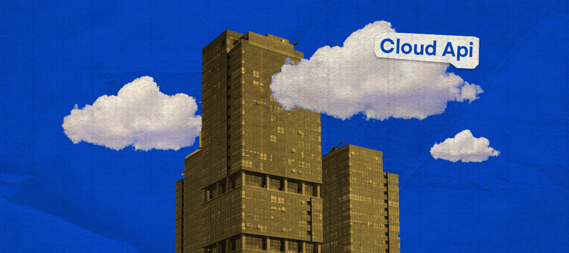 High-rise building with the words "Cloud Api" in a cloud bubble above it, set against a textured blue background with cloud illustrations.