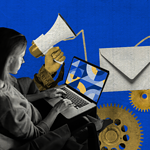 Marketing APIs: How Do APIs Help Marketing Operations? 1 Woman sitting with a laptop, raising her fist with a robotic arm and envelopes on the side, against a scribbled blue background with gears.
