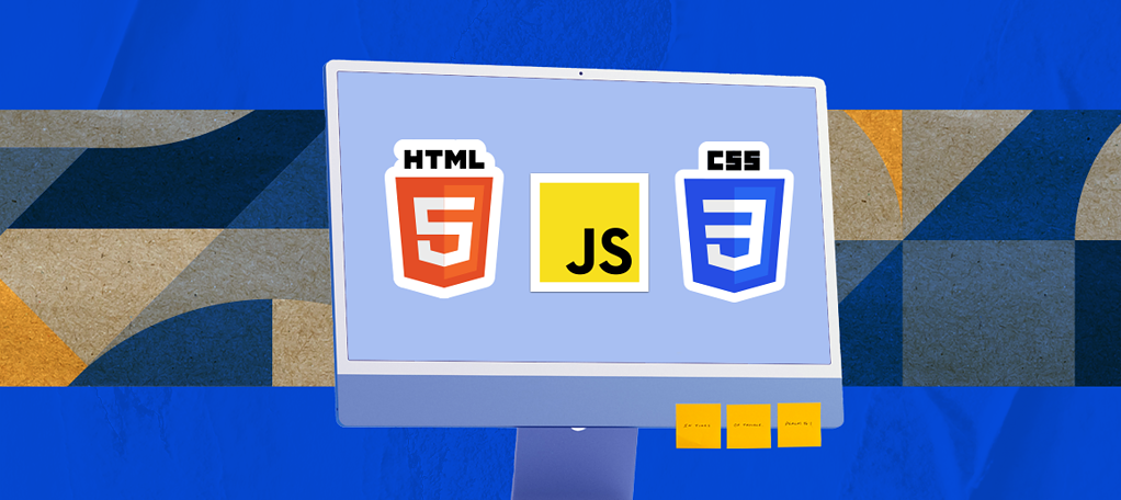 An illustrated desktop computer monitor with icons representing HTML5, JavaScript, and CSS3 on the screen, set against a blue background with abstract geometric shapes.