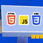 An illustrated desktop computer monitor with icons representing HTML5, JavaScript, and CSS3 on the screen, set against a blue background with abstract geometric shapes.