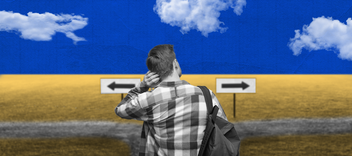 A composite image with a person standing at a crossroad in a field, looking puzzled at two opposite directional signs under a sky with a mix of grayscale and color elements.