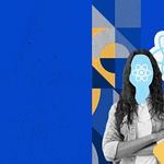 Two people with React logos for faces, standing with crossed arms, the woman holding a laptop labeled with a React logo, and the man pointing upwards to a question mark; they are superimposed over a blue background with graphic elements.
