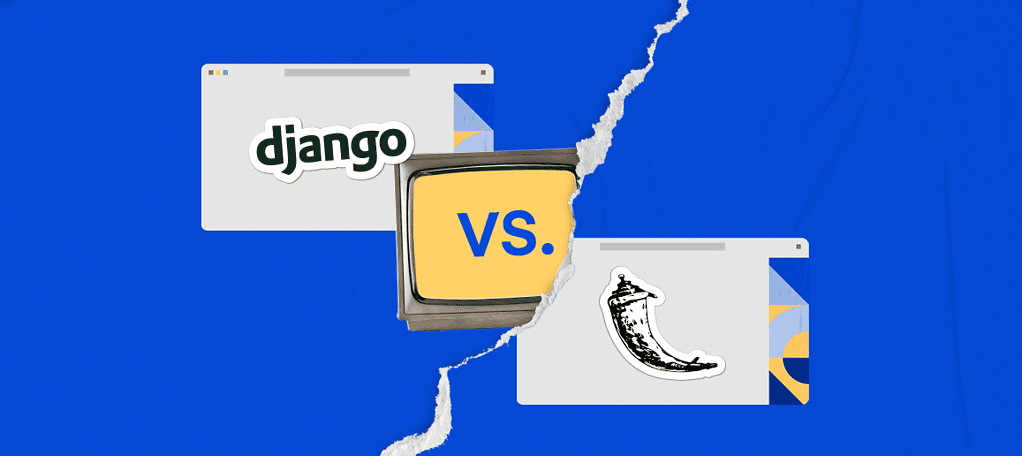 A creative representation of a Django vs. Flask comparison, featuring the Django logo on a browser window on one side, a vintage television with 'VS.' in the center, and a browser window with a chili pepper and Flask logo on the other side, all against a torn blue background.