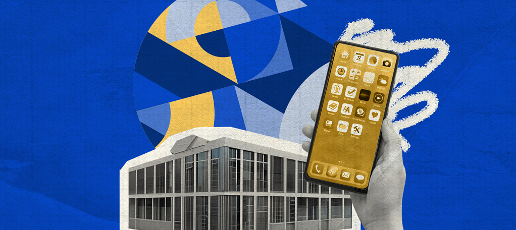An illustration with a collage style, depicting a smartphone with golden app icons on its screen, held up against a background of a modern building and a stylized blue and yellow graphic element. The aesthetic suggests a concept of technology, finance, or business.
