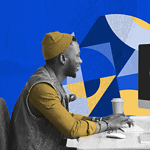 A person sitting in front of a computer screen with the PHP logo on it, with abstract design elements in the background.