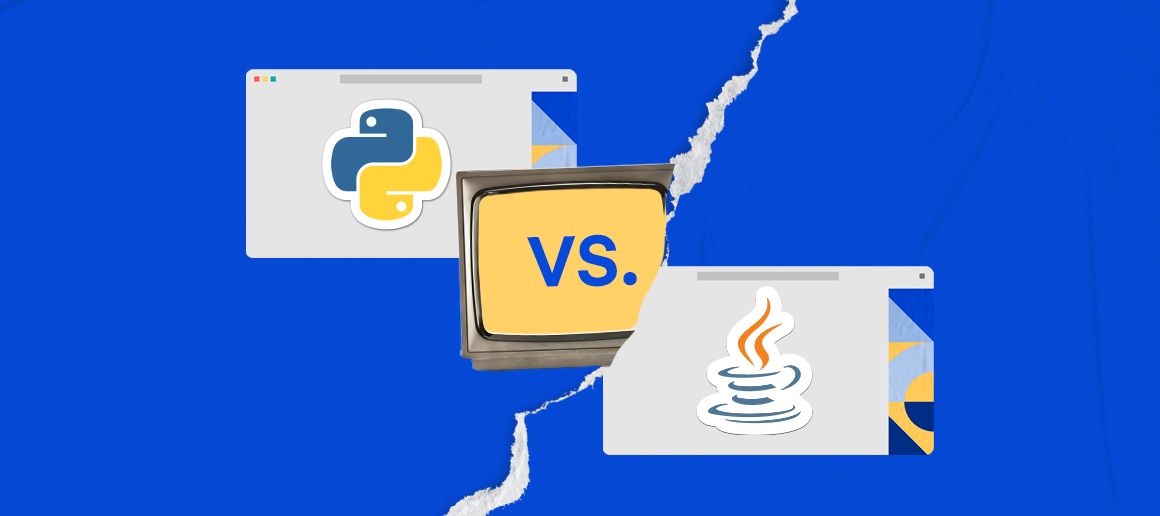 A torn visual comparison between Python and Java programming languages, represented by their respective icons on browser windows, with a 'VS.' sign on a vintage television screen, all against a blue background.