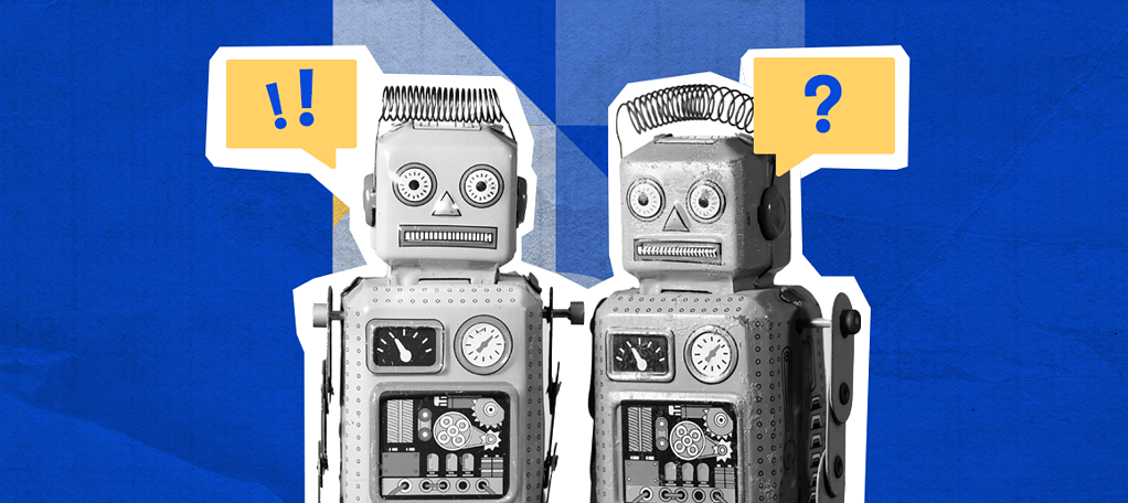 Two vintage tin robots facing each other with speech bubbles containing an exclamation point and a question mark, set against a blue background with geometric shapes.