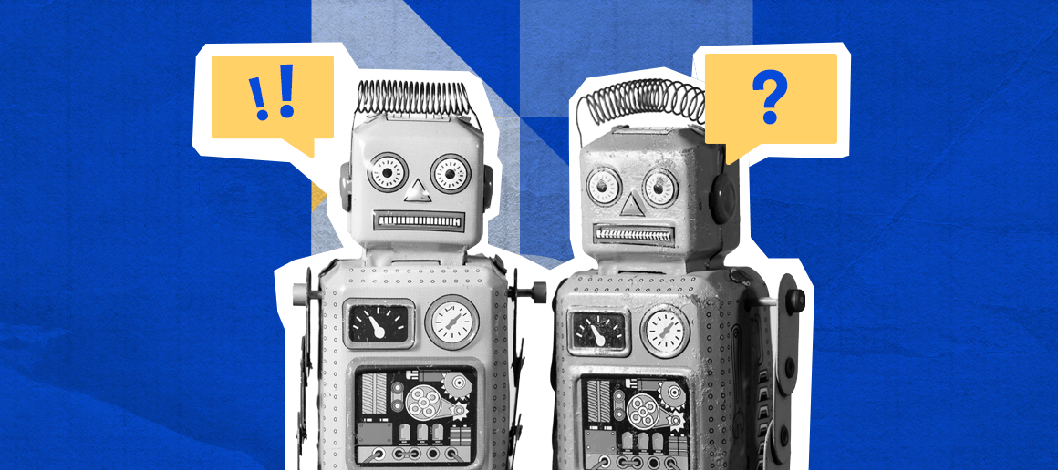 Two vintage tin robots facing each other with speech bubbles containing an exclamation point and a question mark, set against a blue background with geometric shapes.