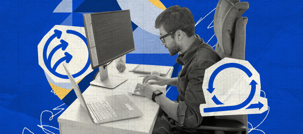 A collage featuring a man working on a computer with code on the screen, a magnifying glass highlighting a sync icon, and arrows circulating around, all against a blue background with abstract shapes, representing the continuous development cycle in software engineering.